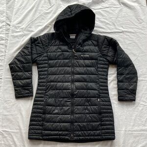 Columbia Powderlite Quilted Puffer Jacket Women's Large Long Hooded Black